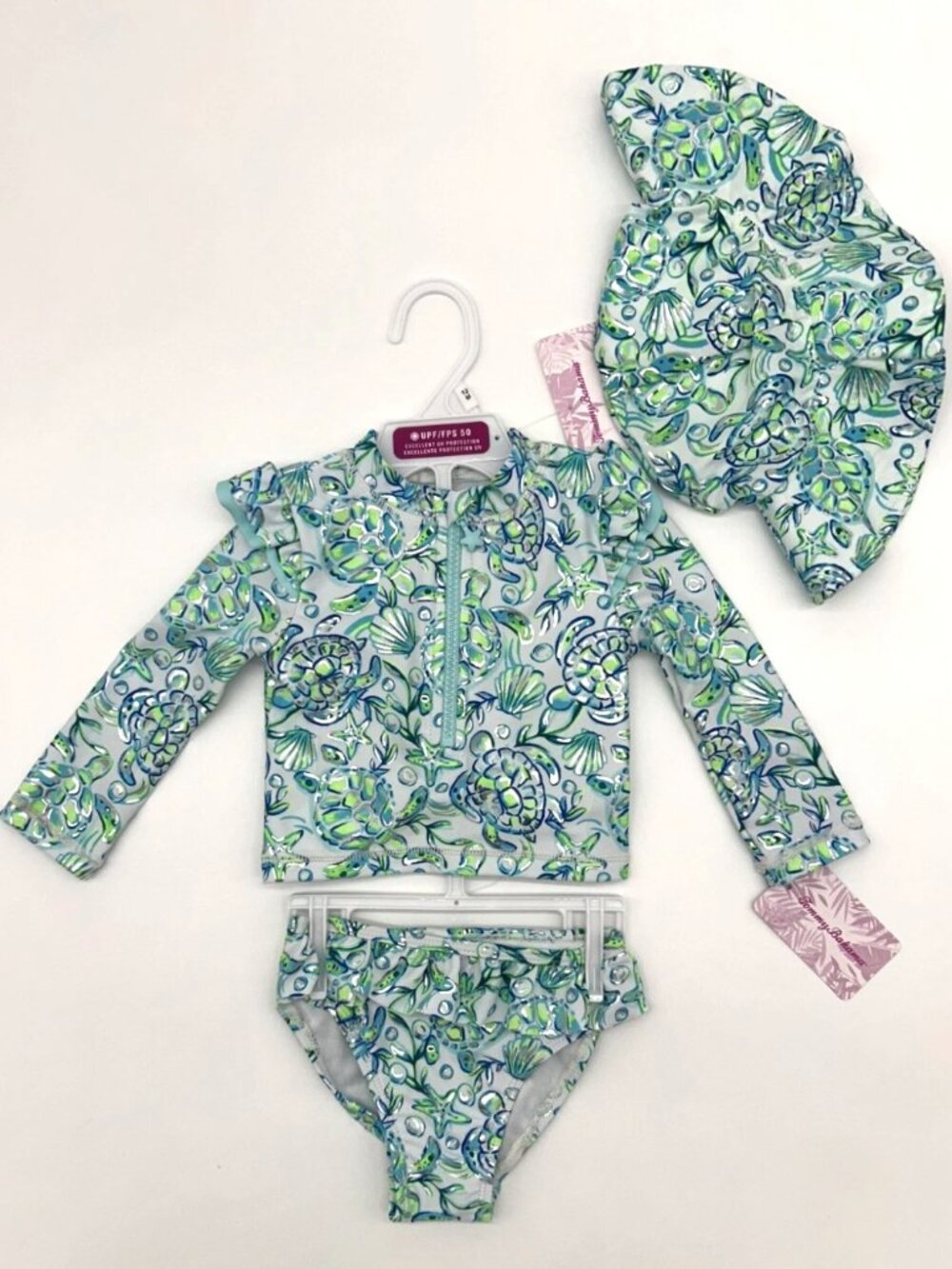 Tommy Bahama Girls 12M 3pc beach swimwear set with turtle design and UPF
